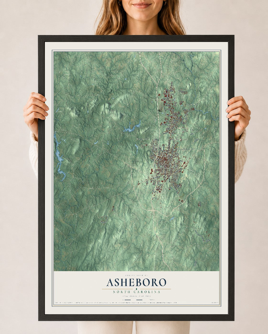 Map of Asheboro, North Carolina, 24 x 36 inch print in a black wood frame