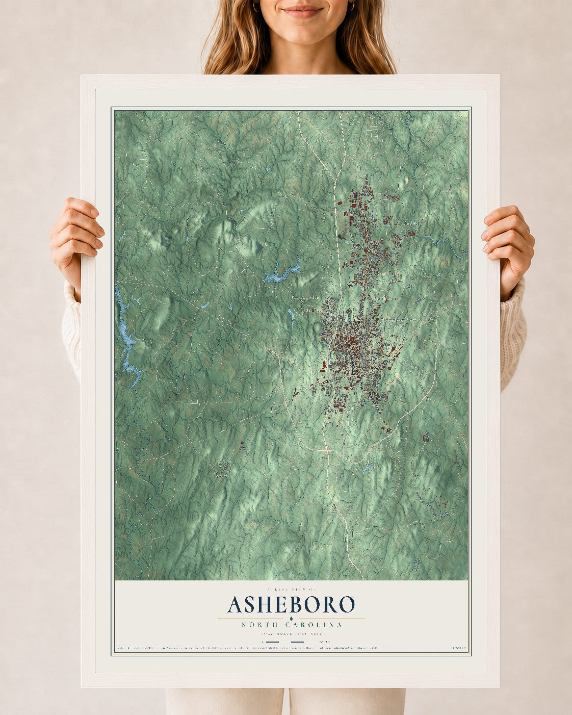Map of Asheboro, North Carolina, 24 x 36 inch print in a white wood frame