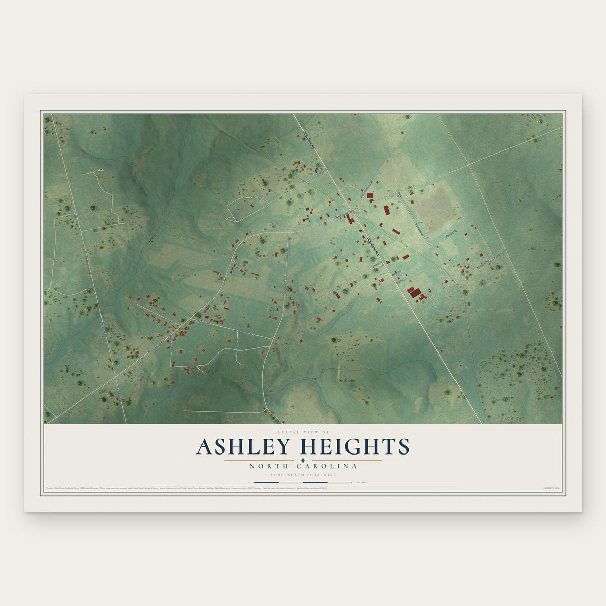 Ashley Heights, North Carolina map print, the full design
