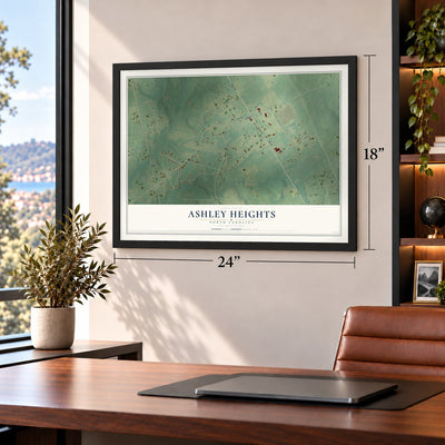 Ashley Heights, North Carolina map, 18 x 24 inch print in a black frame in a home office