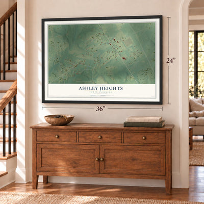 Ashley Heights, North Carolina map, 24 x 36 inch print in a black frame above a dresser by a staircase