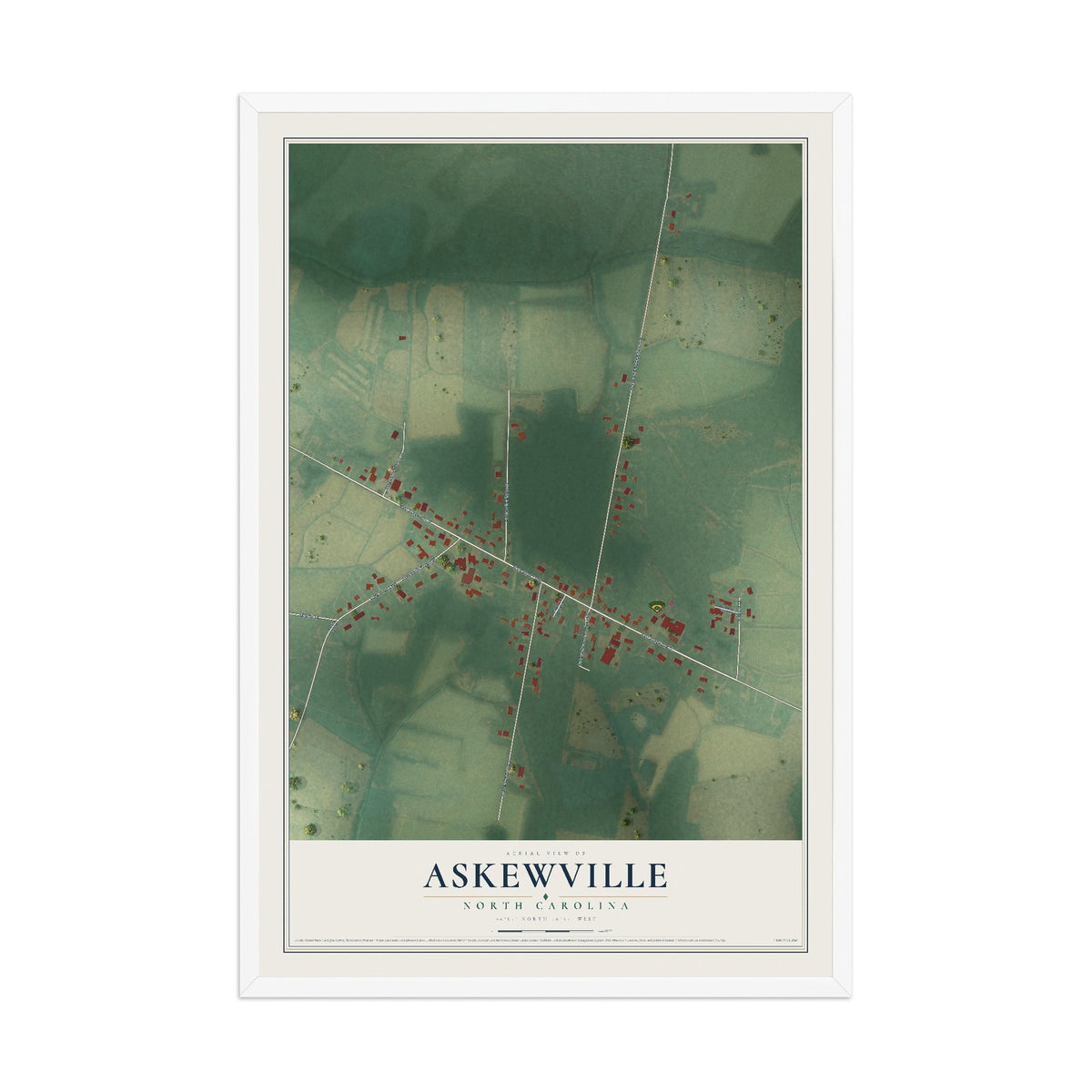 Map of Askewville, North Carolina, 12 x 18 inch print in a white wood frame