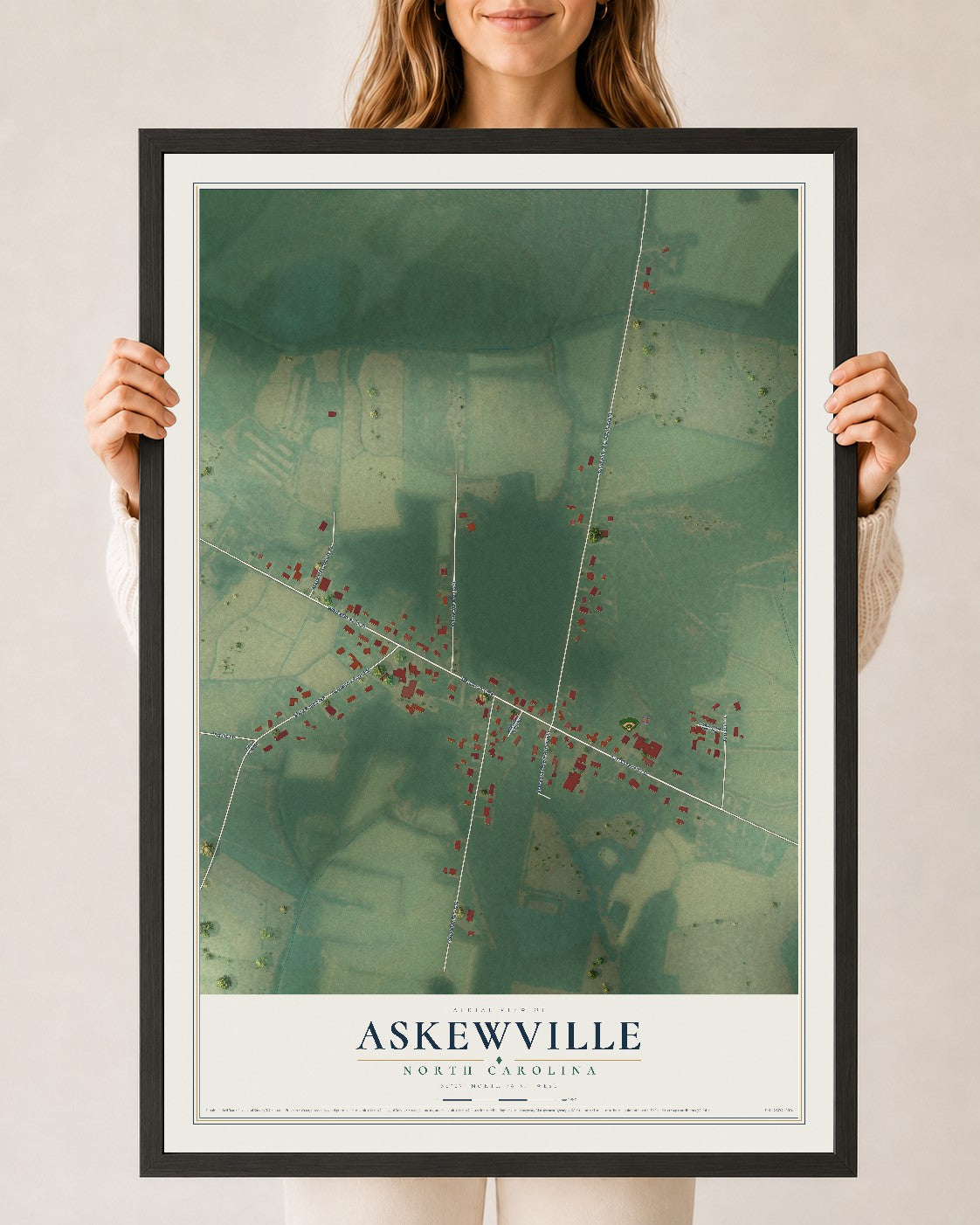 Map of Askewville, North Carolina, 24 x 36 inch print in a black wood frame