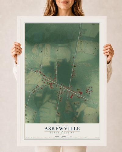 Map of Askewville, North Carolina, 24 x 36 inch print in a white wood frame