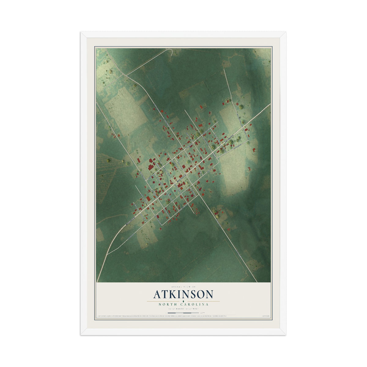 Map of Atkinson, North Carolina, 12 x 18 inch print in a white wood frame