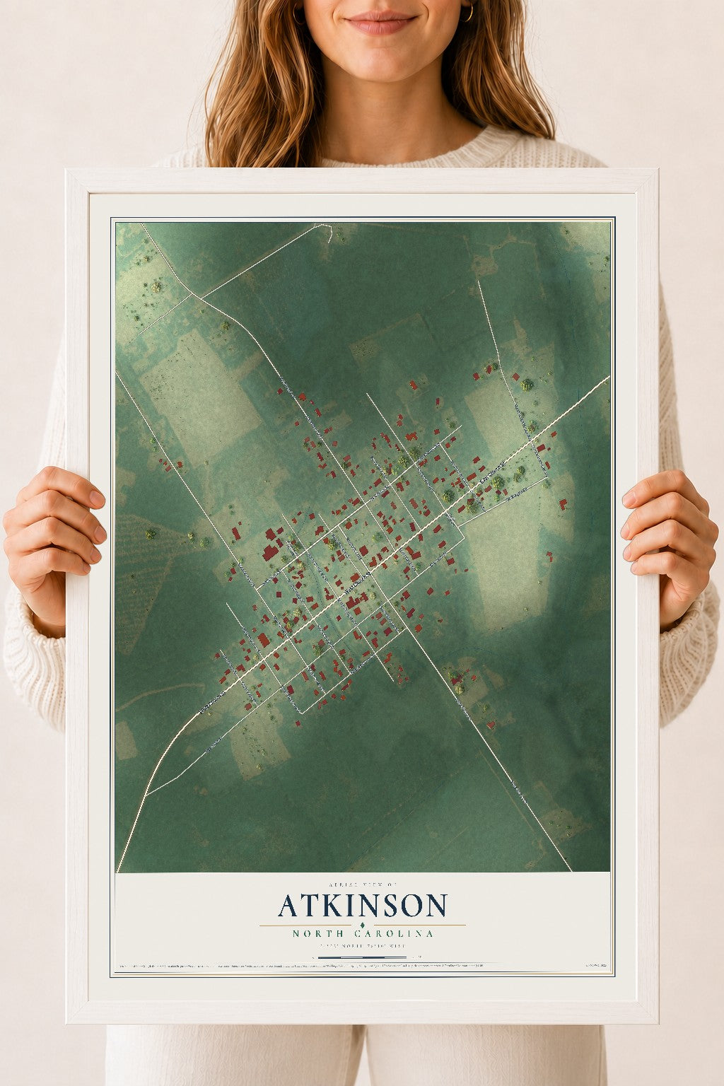 Map of Atkinson, North Carolina, 18 x 24 inch print in a white wood frame