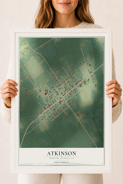Map of Atkinson, North Carolina, 18 x 24 inch print in a white wood frame