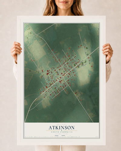Map of Atkinson, North Carolina, 24 x 36 inch print in a white wood frame