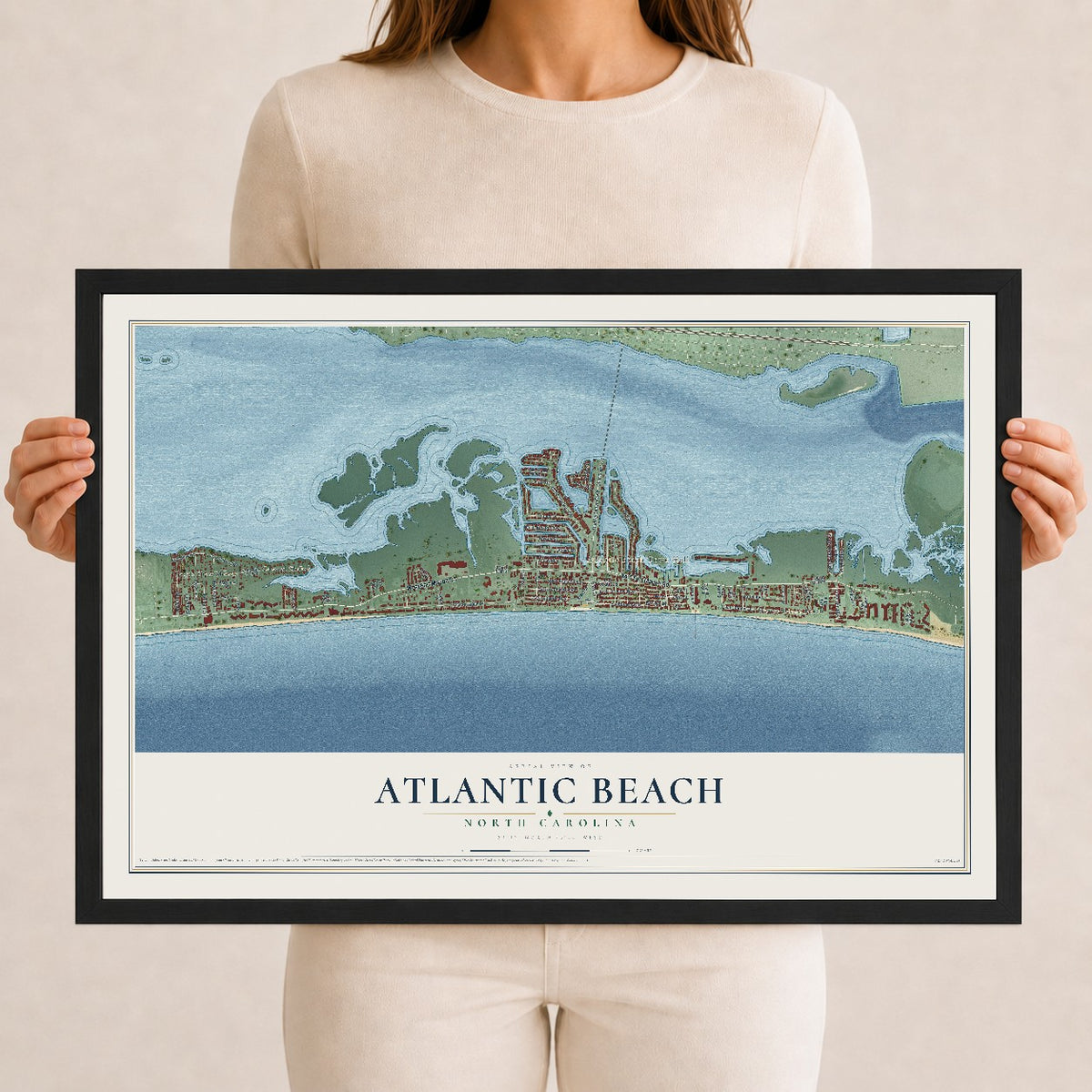 Map of Atlantic Beach, North Carolina, 12 x 18 inch print in a black wood frame