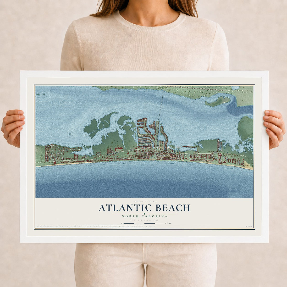 Map of Atlantic Beach, North Carolina, 12 x 18 inch print in a white wood frame