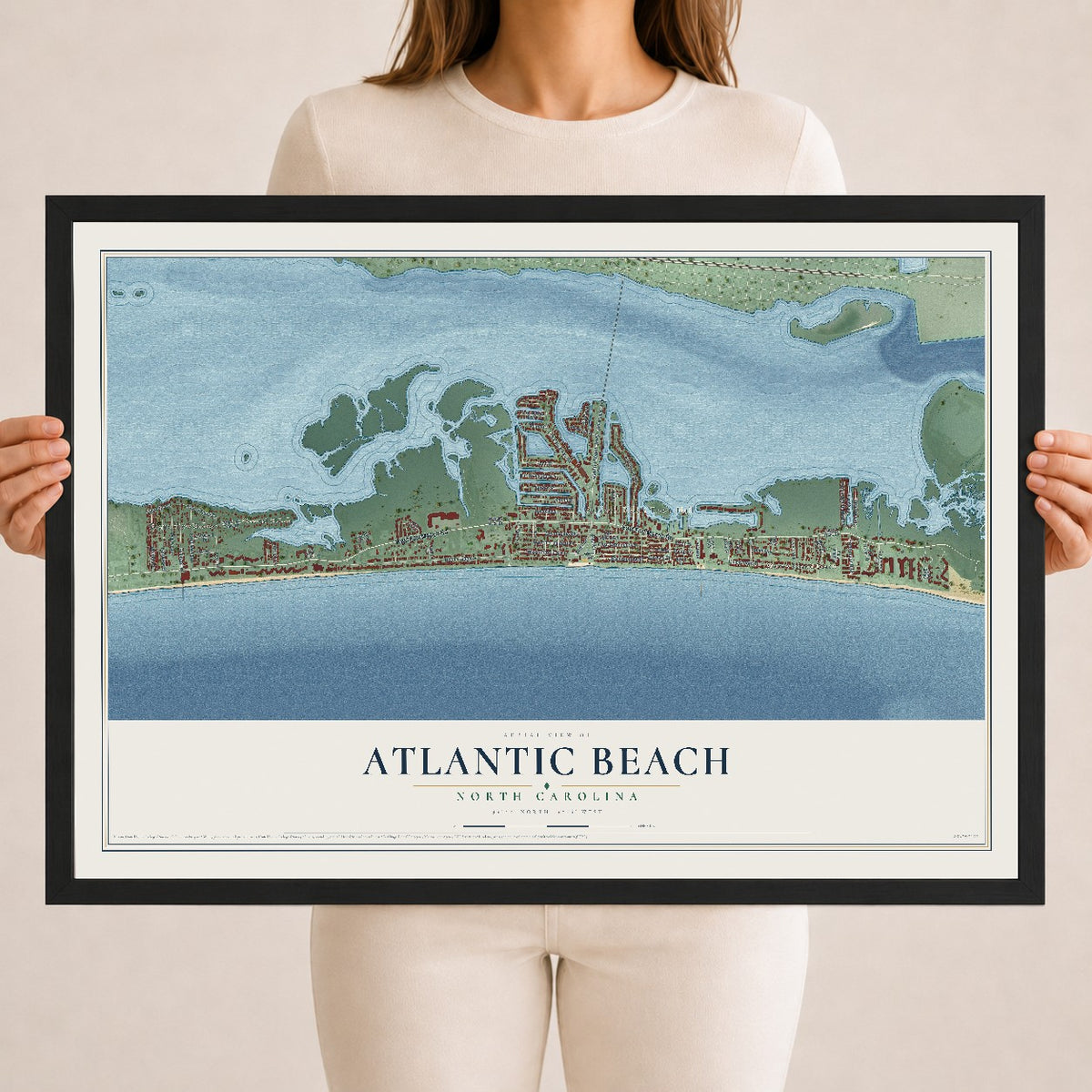 Map of Atlantic Beach, North Carolina, 18 x 24 inch print in a black wood frame