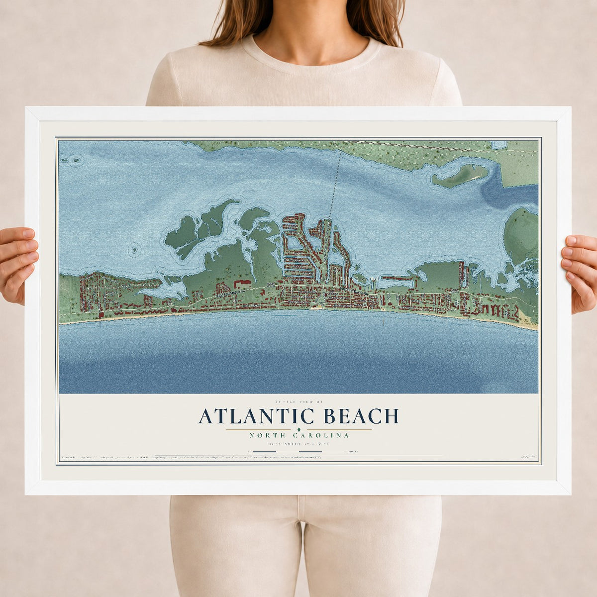 Map of Atlantic Beach, North Carolina, 18 x 24 inch print in a white wood frame