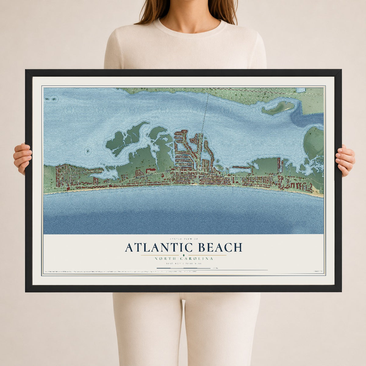 Map of Atlantic Beach, North Carolina, 24 x 36 inch print in a black wood frame