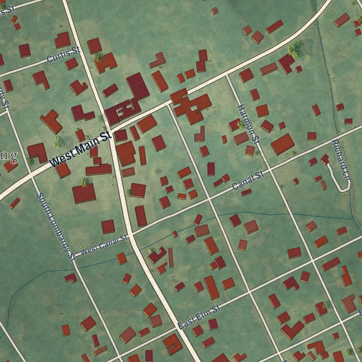 Close-up of the map of Aulander, North Carolina print showing street and building detail