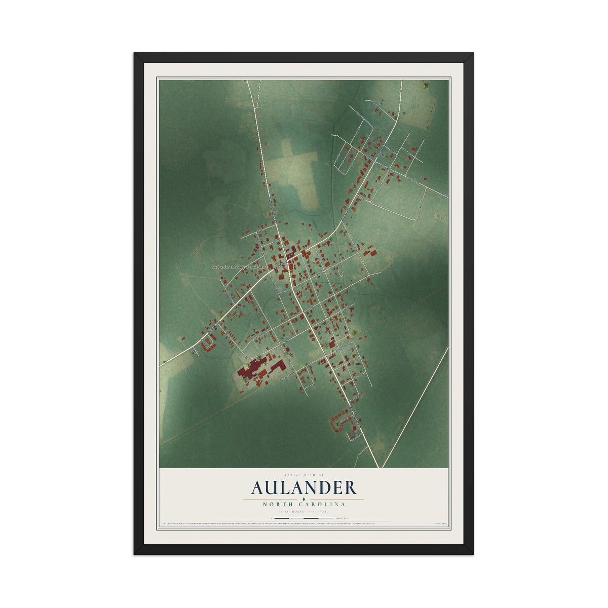 Map of Aulander, North Carolina, 12 x 18 inch print in a black wood frame
