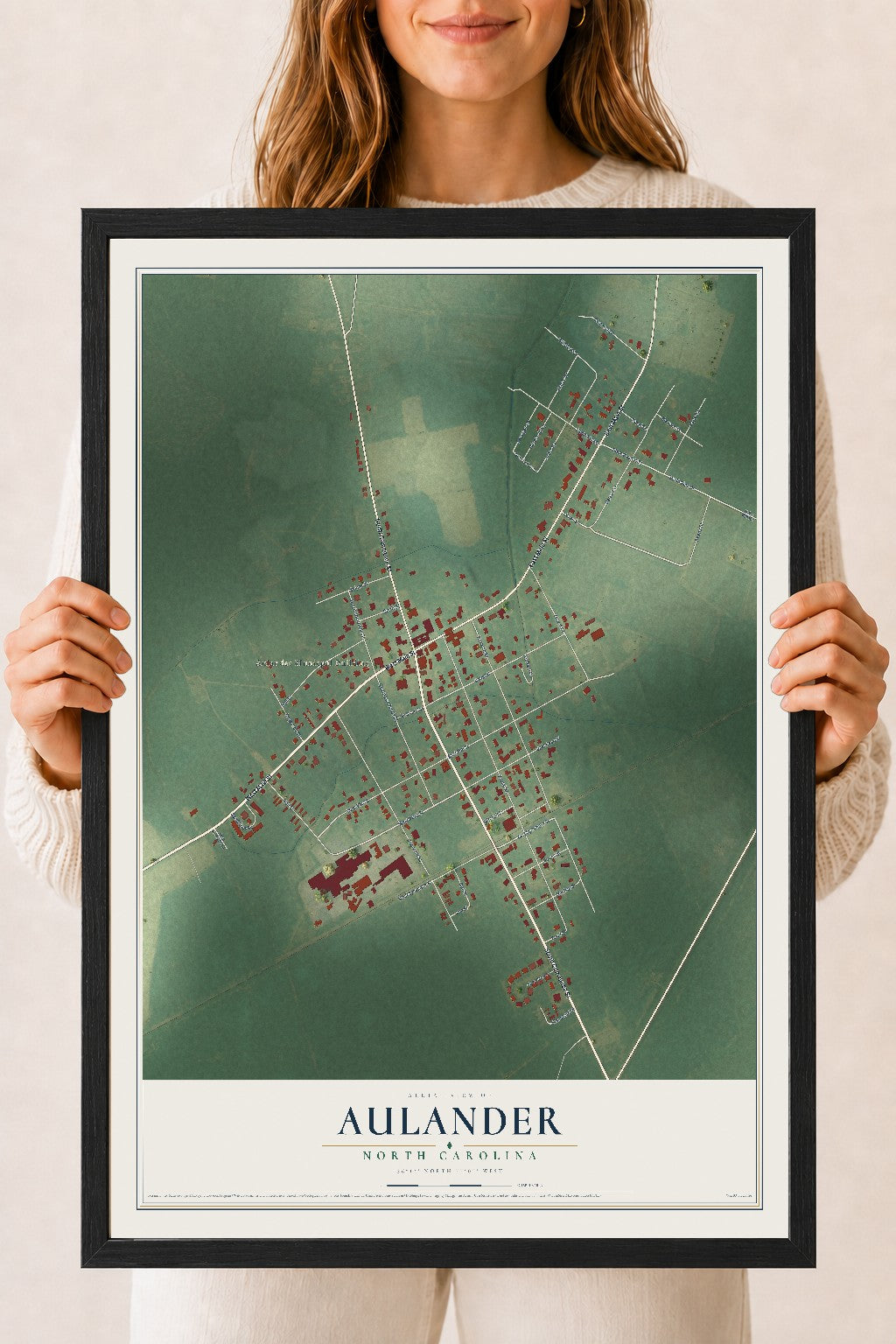 Map of Aulander, North Carolina, 18 x 24 inch print in a black wood frame
