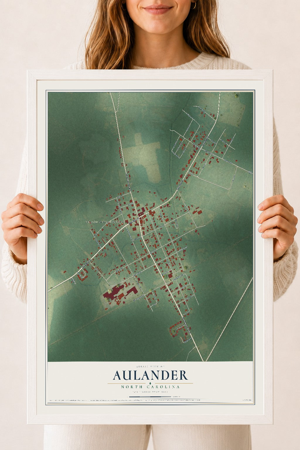 Map of Aulander, North Carolina, 18 x 24 inch print in a white wood frame