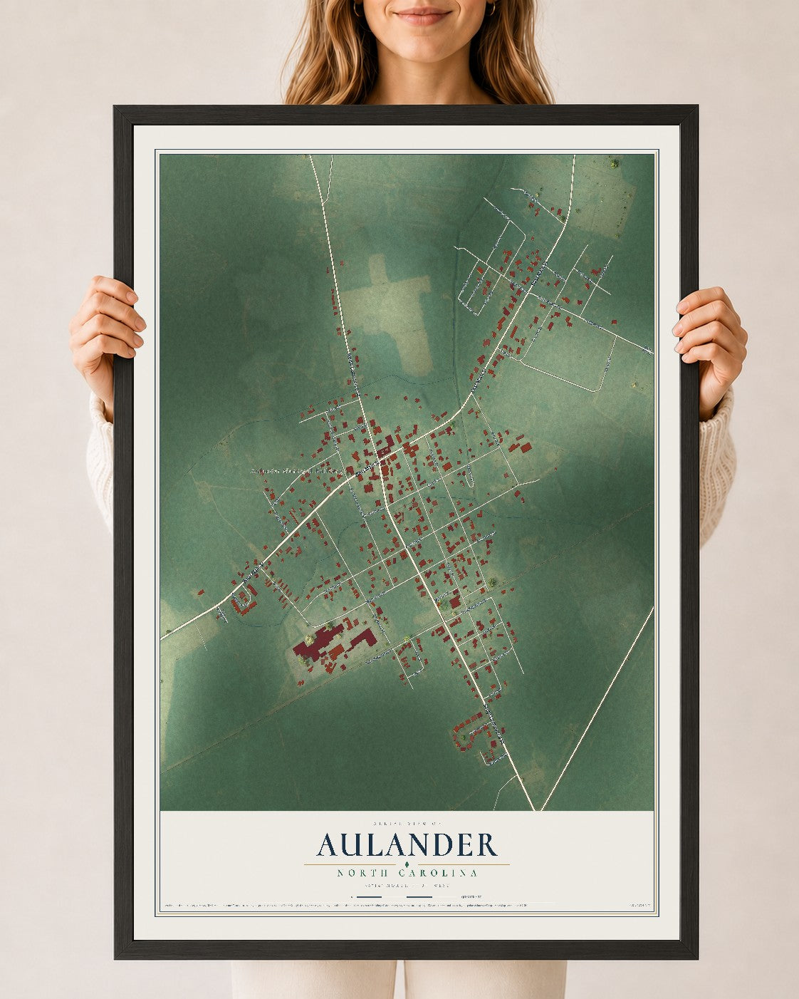 Map of Aulander, North Carolina, 24 x 36 inch print in a black wood frame