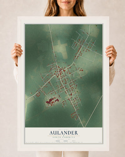 Map of Aulander, North Carolina, 24 x 36 inch print in a white wood frame