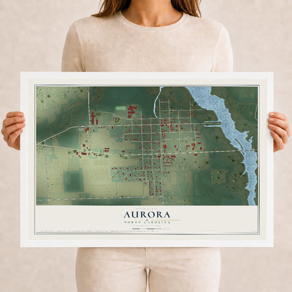 Map of Aurora, North Carolina, 12 x 18 inch print in a white wood frame
