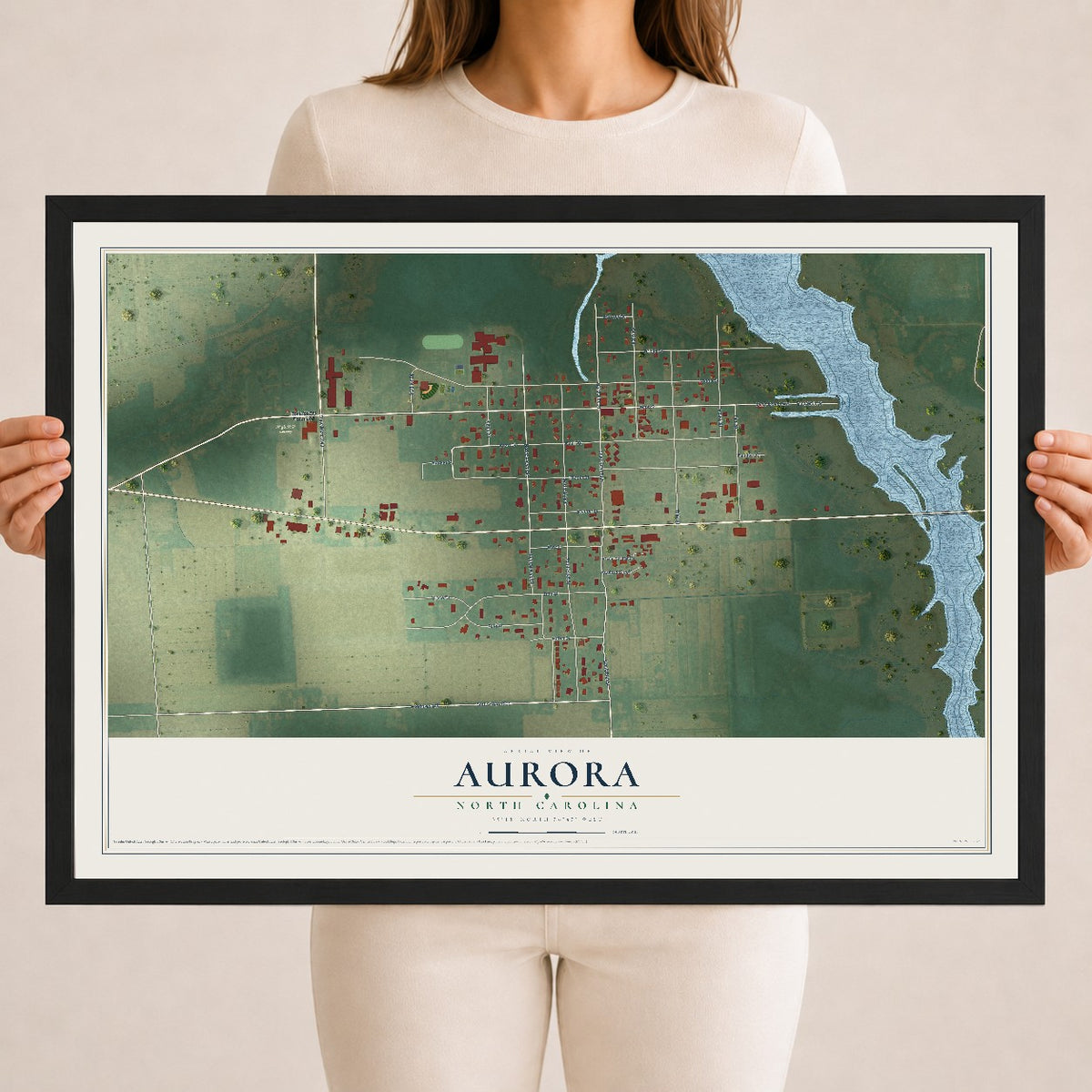 Map of Aurora, North Carolina, 18 x 24 inch print in a black wood frame