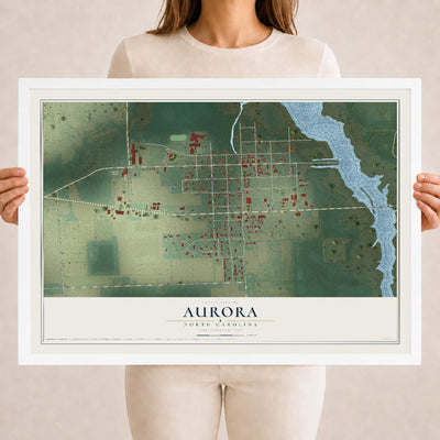 Map of Aurora, North Carolina, 18 x 24 inch print in a white wood frame