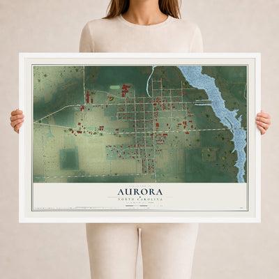 Map of Aurora, North Carolina, 24 x 36 inch print in a white wood frame