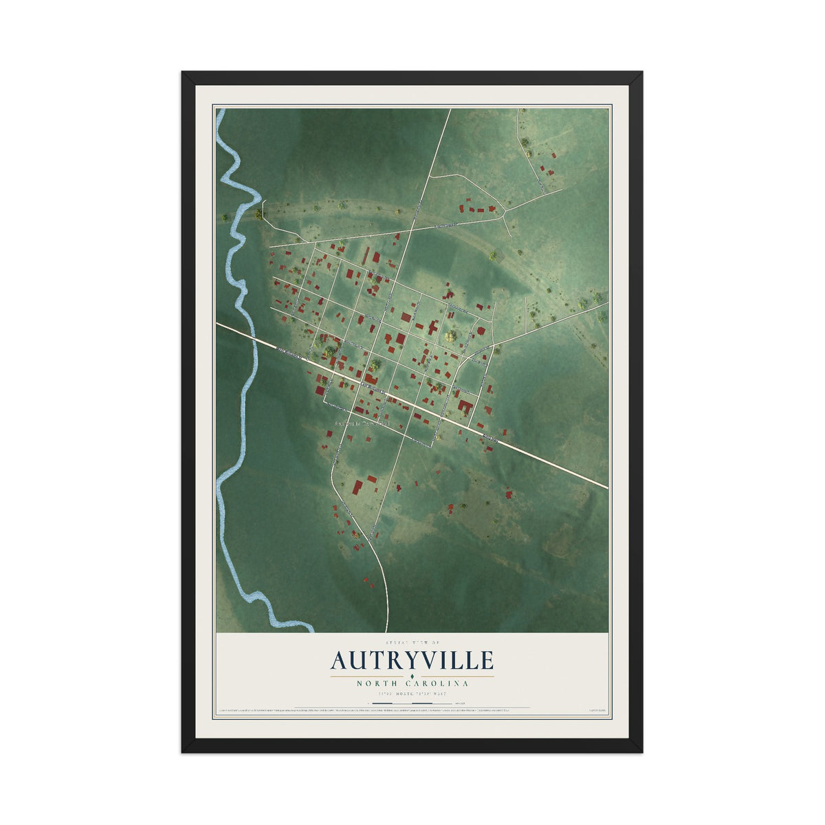Map of Autryville, North Carolina, 12 x 18 inch print in a black wood frame
