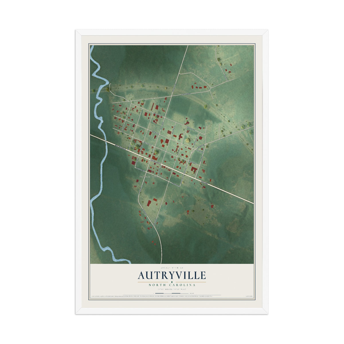 Map of Autryville, North Carolina, 12 x 18 inch print in a white wood frame