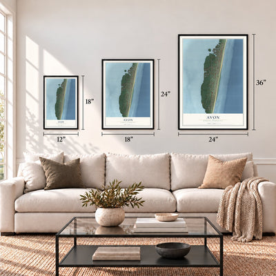 Avon, North Carolina map in 12 x 18, 18 x 24 and 24 x 36 inch sizes above a sofa