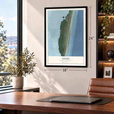 Avon, North Carolina map, 18 x 24 inch print in a black frame in a home office