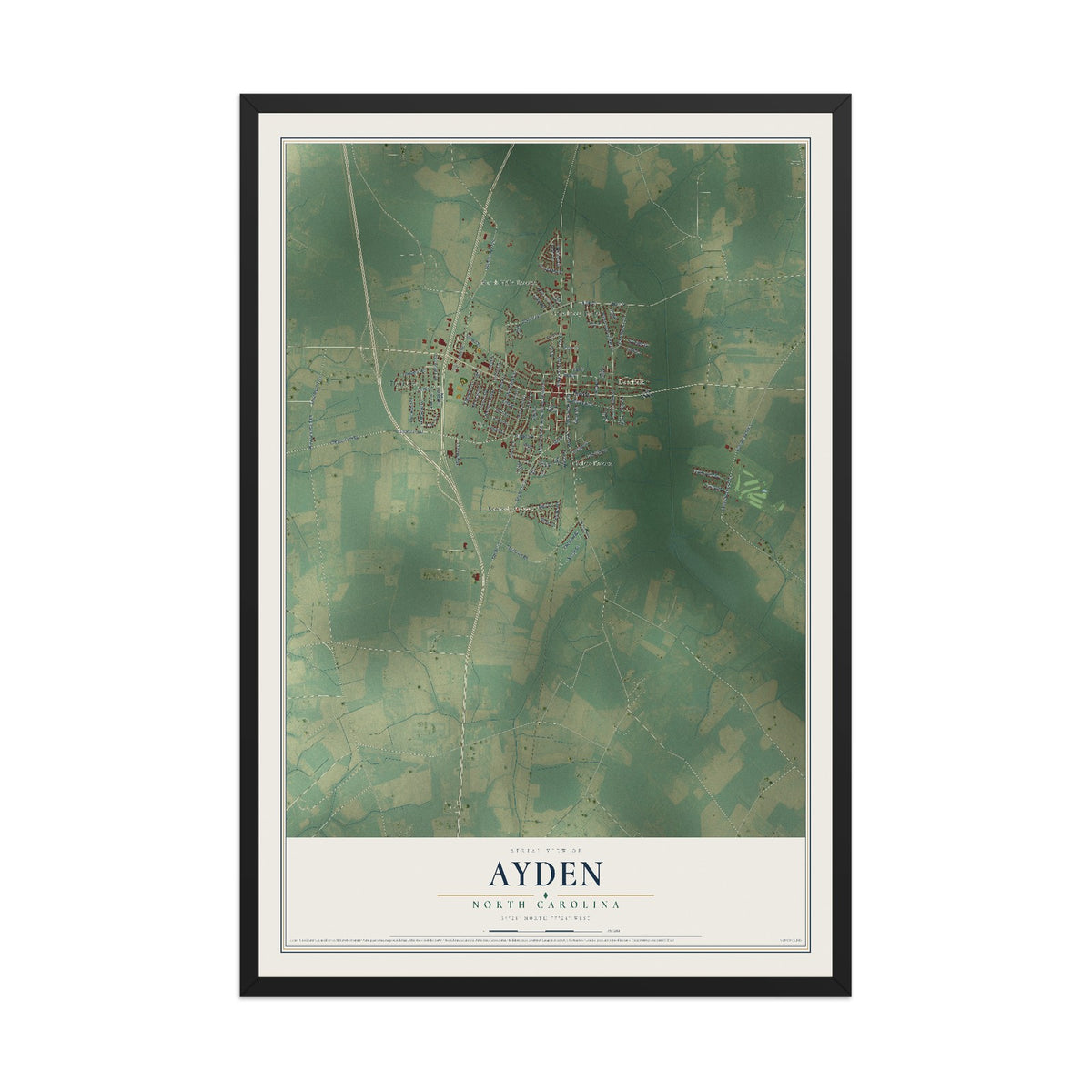 Map of Ayden, North Carolina, 12 x 18 inch print in a black wood frame
