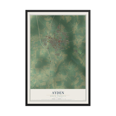Map of Ayden, North Carolina, 12 x 18 inch print in a black wood frame
