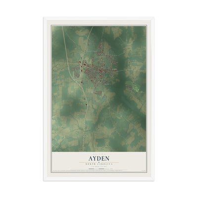 Map of Ayden, North Carolina, 12 x 18 inch print in a white wood frame