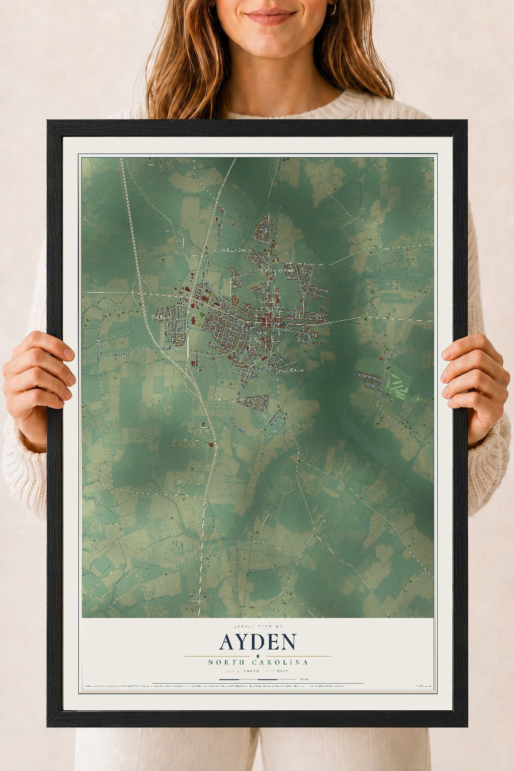 Map of Ayden, North Carolina, 18 x 24 inch print in a black wood frame