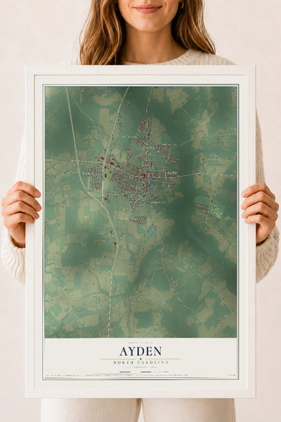 Map of Ayden, North Carolina, 18 x 24 inch print in a white wood frame