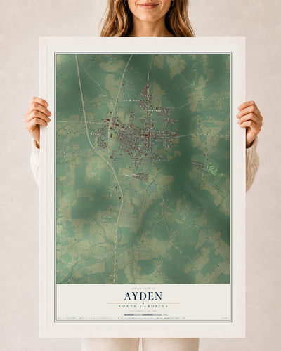 Map of Ayden, North Carolina, 24 x 36 inch print in a white wood frame