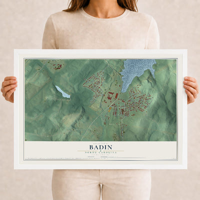 Map of Badin, North Carolina, 12 x 18 inch print in a white wood frame