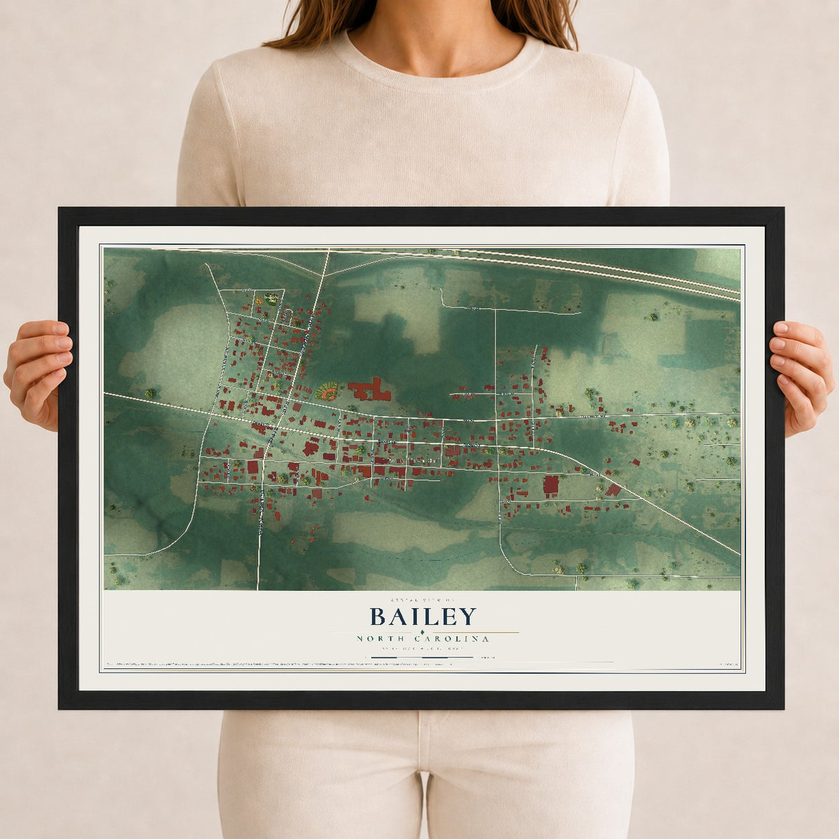 Map of Bailey, North Carolina, 12 x 18 inch print in a black wood frame