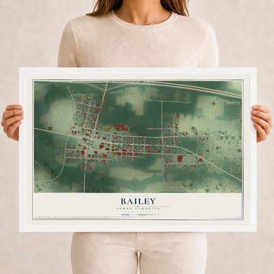 Map of Bailey, North Carolina, 12 x 18 inch print in a white wood frame