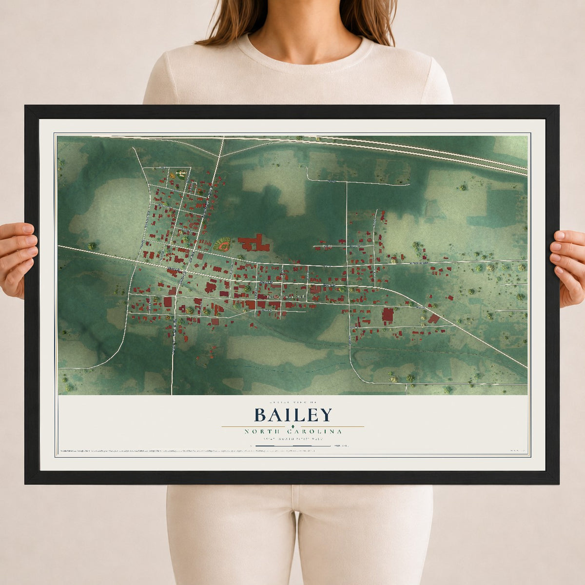 Map of Bailey, North Carolina, 18 x 24 inch print in a black wood frame