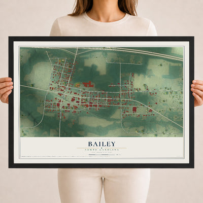 Map of Bailey, North Carolina, 18 x 24 inch print in a black wood frame
