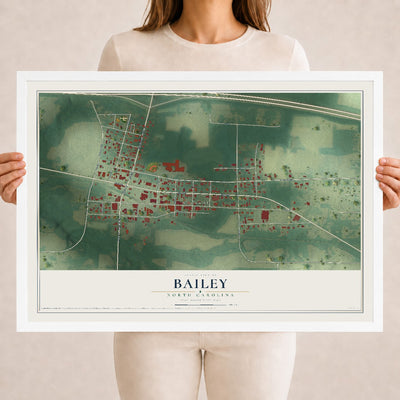 Map of Bailey, North Carolina, 18 x 24 inch print in a white wood frame
