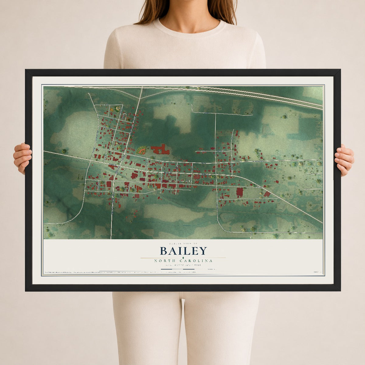 Map of Bailey, North Carolina, 24 x 36 inch print in a black wood frame