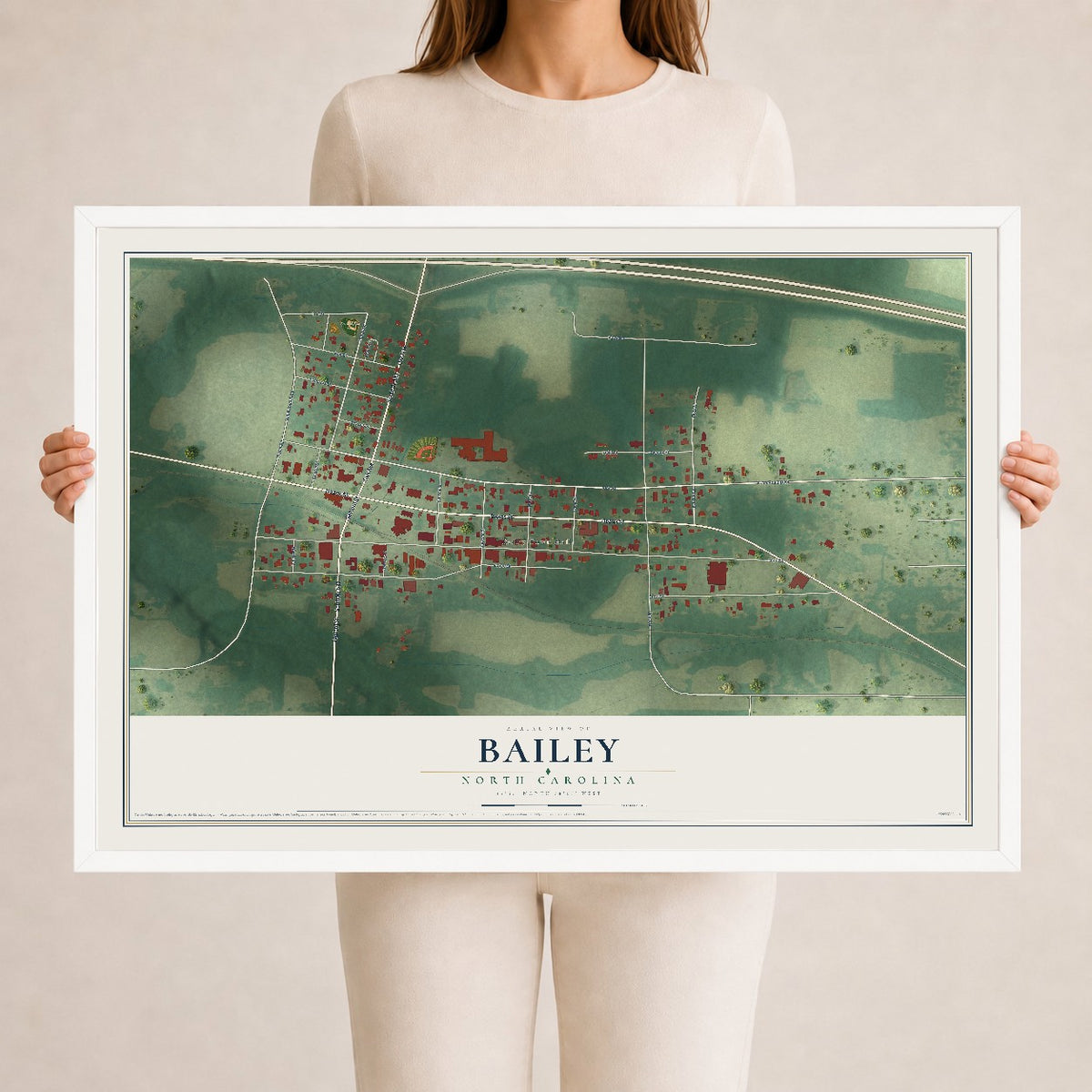 Map of Bailey, North Carolina, 24 x 36 inch print in a white wood frame