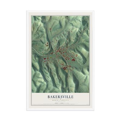 Map of Bakersville, North Carolina, 12 x 18 inch print in a white wood frame