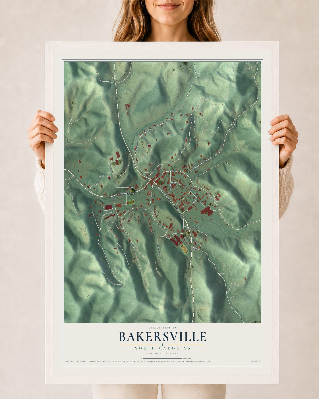 Map of Bakersville, North Carolina, 24 x 36 inch print in a white wood frame