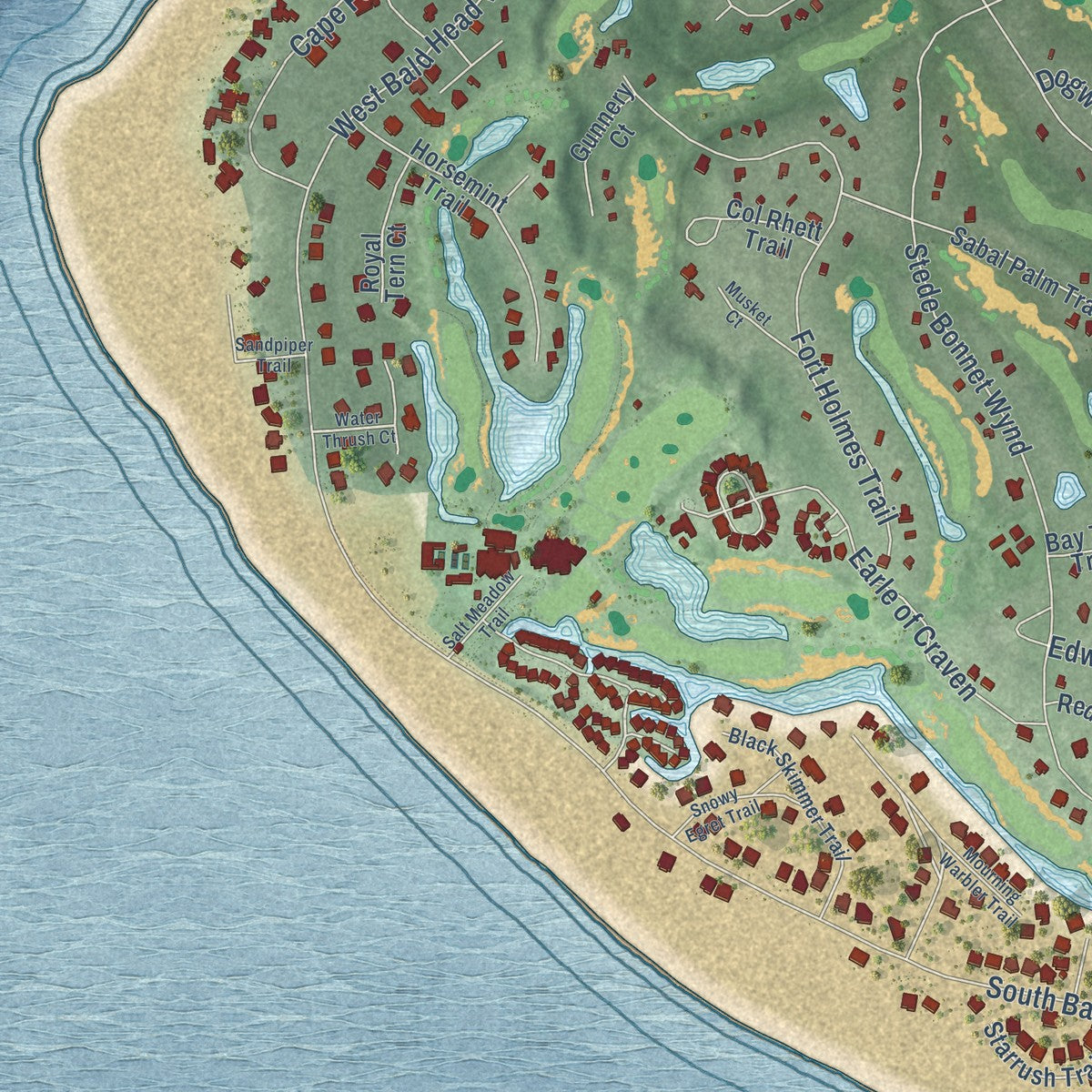 Close-up of the map of Bald Head Island, North Carolina print showing street and building detail