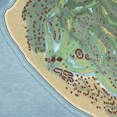 Close-up of the map of Bald Head Island, North Carolina print showing street and building detail