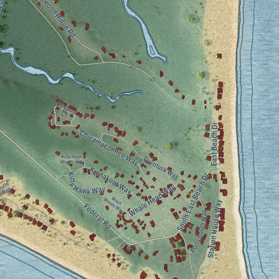 Second close-up of the map of Bald Head Island, North Carolina print showing more streets and buildings